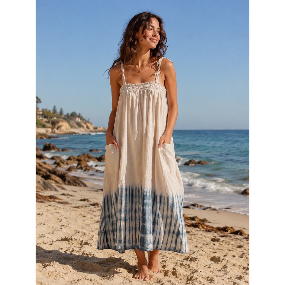 Free People Tie Dye Dip Dye Midi Dress Cream Blue‎ Boho Pockets XS oversized